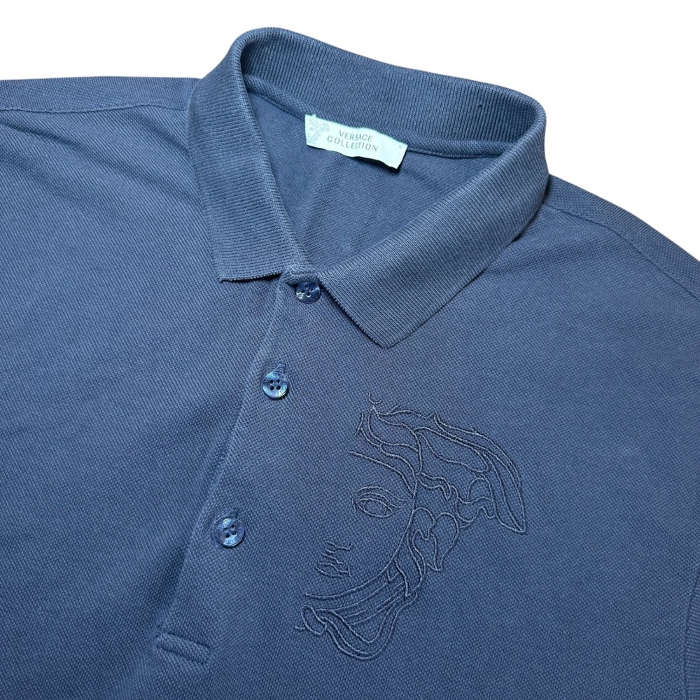 Versace Collection Mens XL Navy Blue Embroidered Medusa Polo Shirt Short Sleeve